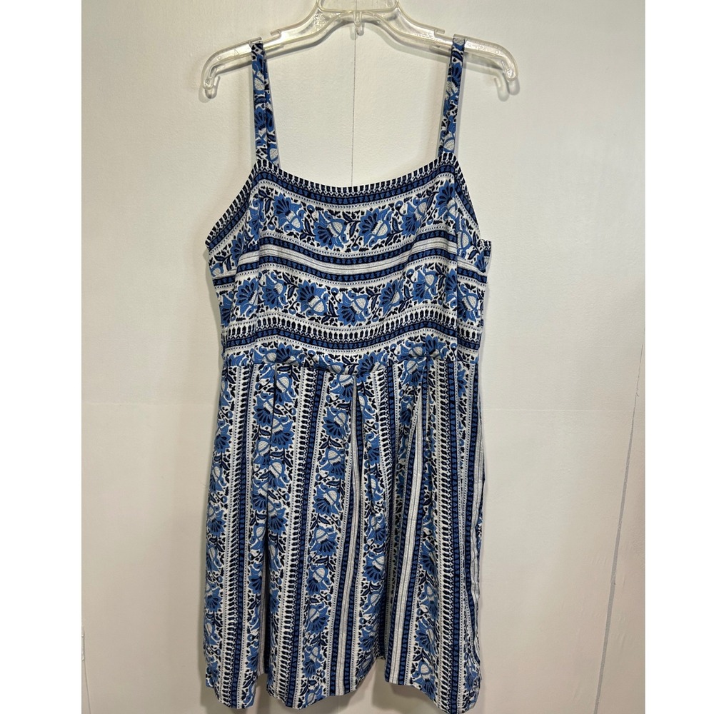 Ann Taylor LOFT Fit and Flare Dress Women 16 Blue‎ White Floral Medallion Print